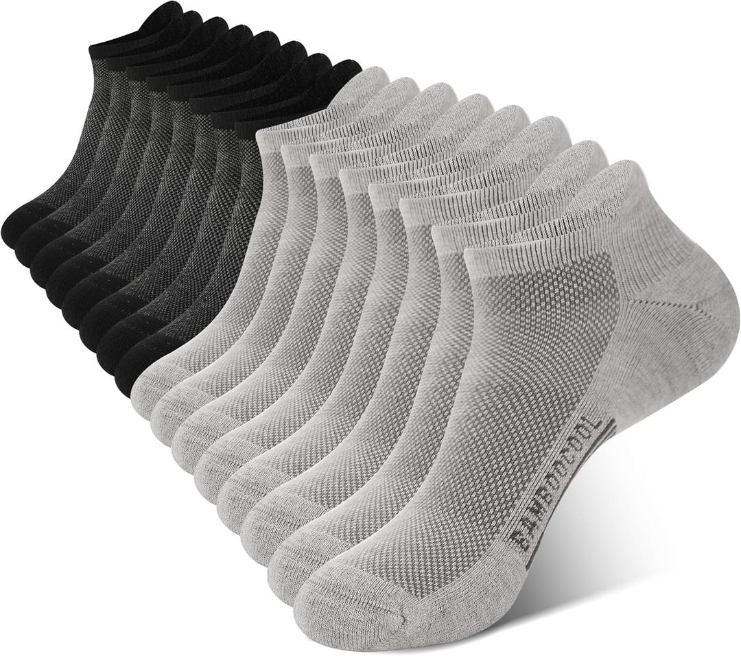 BAMBOO COOL Men's Ankle Socks Athletic Cushioned Moisture Wicking, Running Socks Arch Support Breathable, Heel Tab 8 Pack (Large, 4*black/4*grey)