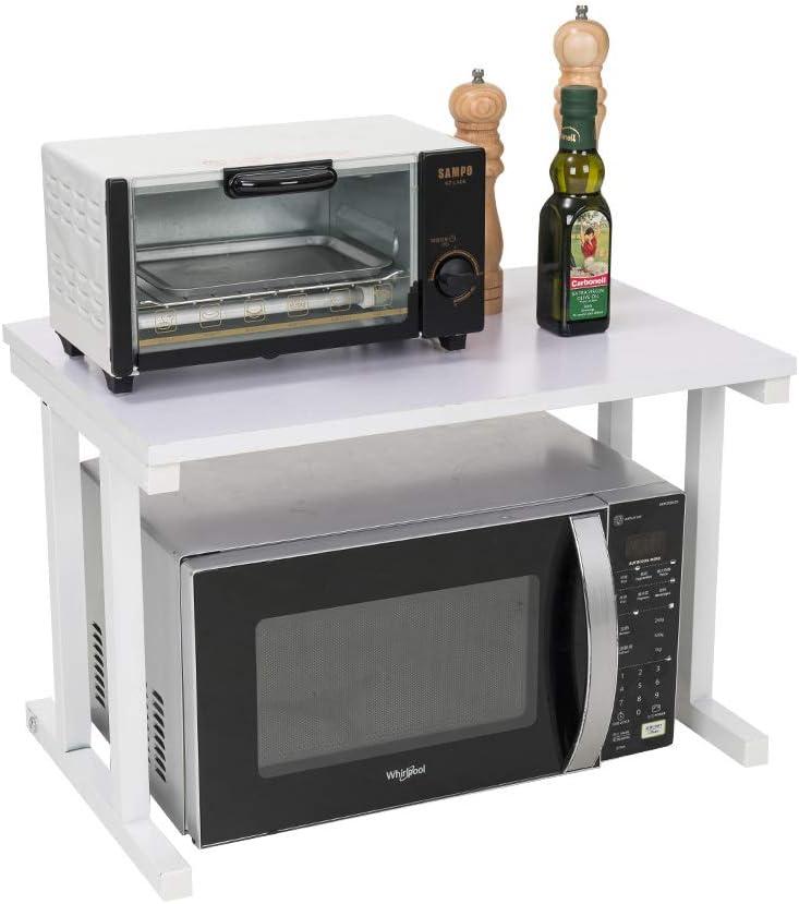 Wooden Microwave Oven Rack, 2-Tier Kitchen Counter Shelf, Kitchen Space Saving Organizer, Two Layers Counter Top Organizer for Printers on Desk, Microwave Shelf Stand - White