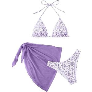 SHENHE Women's 3 Piece Floral Bikini Set with Wrap Coverup Halter Triangle Swimsuits, XL, Purple