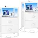 Furologee Nightstands Set of 2, End Tables Set of 2 with Charging Station and LED Lights, White Night Stands with 2 Fabric Drawers, Bedside Tables for Living Room/Bedroom