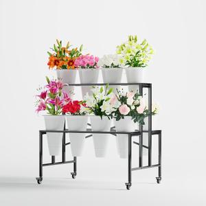 Zhongma Flower Bar Stand Display shelf with White Buckets for Fresh and Diy flowers Bouquet Rack Organizer Heavy Duty Flower Bucket Stand with Wheels