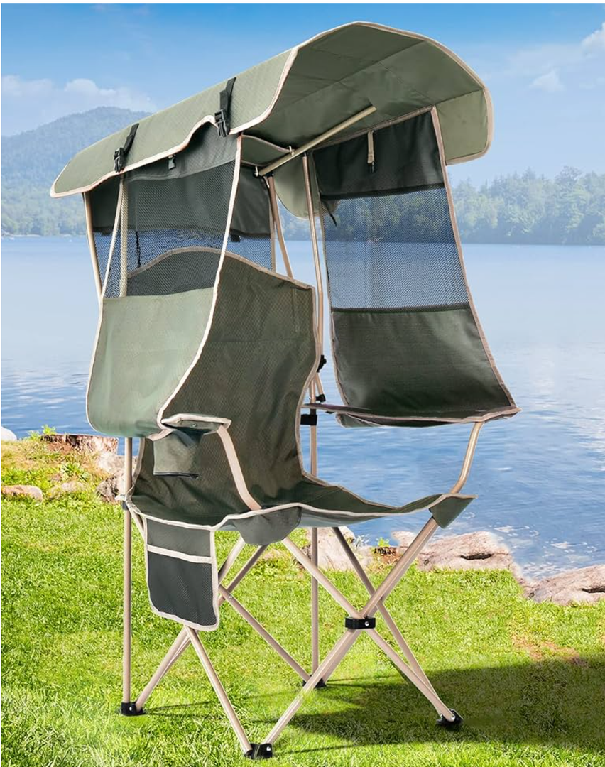 Beach Chair with Canopy Shade, Folding Camping Chair with Canopy with Cup Holder, Side Pocket for Camp, Beach, Tailgates, Fishing - Support 330 LBS (Olive Green)
