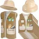 Coume 12 Pcs Safari Hats and Vest Safari Dress Costume Include 6 Plastic Explorer Hats and 6 Jungle Vest Party Supplies for Theme Jungle Party Birthday Halloween Decorations