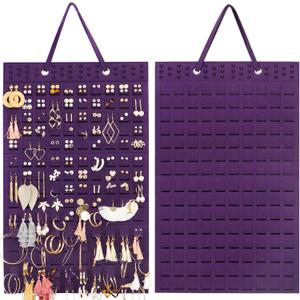 Resovo Hanging Earrings Organizer, Wall Earring Holder with 2 Hooks, Holds Up To 300 Pairs, Compact Design, Soft Material-Dark Purple (22.5*13.6 inches)
