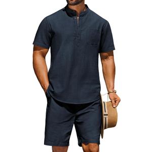 COOFANDY Men's 2 Piece Cotton Linen Sets Summer Beach Outfits Casual Short Sleeve Henley Shirts and Vacation Shorts (XL)