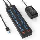 Powered USB Hub, 11-Port USB 3.0 Hub Splitter - 10 USB 3.0 Data Transfer Ports + 1 Smart Charging Port, USB Hub 3.0 Powered with Individual LED On/Off Switches and 5V/4A Power Adapter