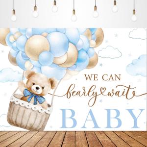 Glawry We Can Bearly Wait Baby Shower Backdrop for Photography 7Wx5H Feet Blue Boys Cute Cartoon Bear Animal Hot Air Balloon Watercolor Cloud Party Decorations Photoshoot Background Photo Booth Studio (Blue Bear)