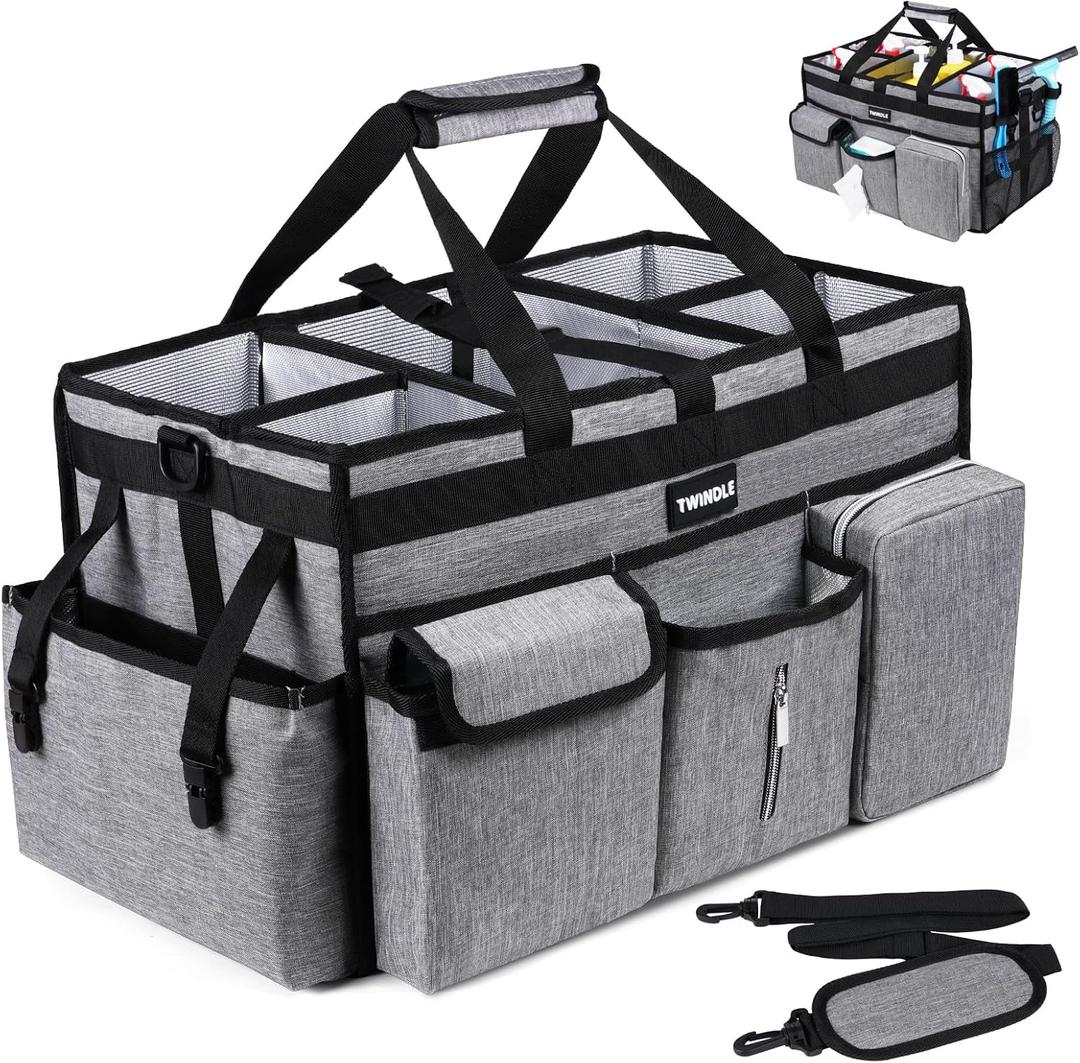 Extra Large Cleaning Caddy Bag with Rigid Support Board, Cleaning Organizer Tote with Detachable Divider, Adjustable Shoulder Strap & Waist Belt, Cleaning Supply Carrier for Cleaners & Housekeepers (Gray)