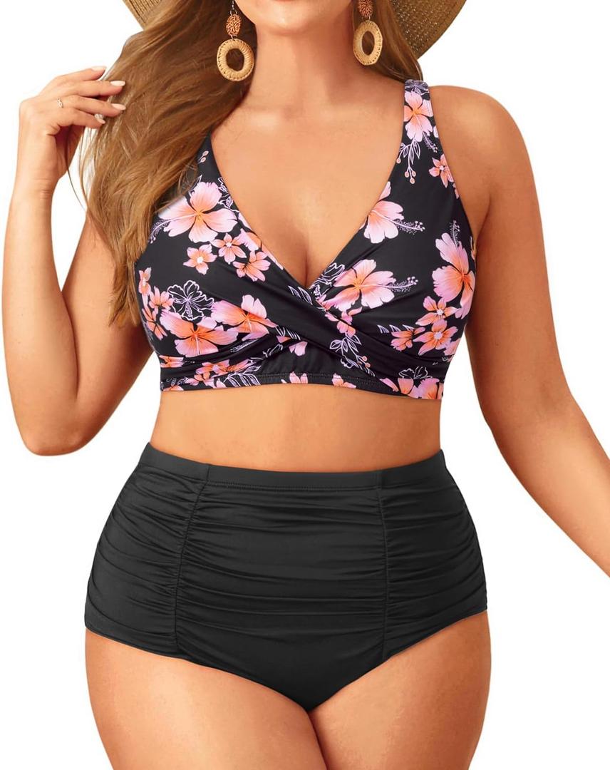 Holipick Two Piece Plus Size Swimsuits for Women High Waisted Bikini Tummy Control Bathing Suits Twist Front Swimwear Black Floral 22W