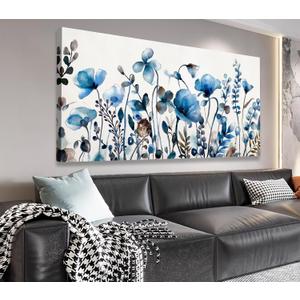 VEAEE Floral Wall Art, Abstract Indigo Flowers Canvas Pictures, Living Room Wall Decor, Modern Landscape Painting, Botanical Grass Artwork for Bedroom Bathroom Kitchen Office Wall Decor 20"x 40"