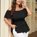 SCOMCHIC Plus Size Off The Shoulder Peplum Tops for Women Summer Ruffle Hem Blouse Chiffon Babydoll Top (Black, XXXL)