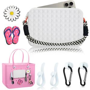 Silicone Phone Holder for Bogg Bag Accessories Inserts,Daisy Slipper Charms for Bogg Beach Bag Accessories,Bogg Organizer Wallet Pouch with Zipper,4pcs Hooks Clips Set for Simply Modern Bag (Gray)