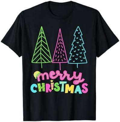 Merry Christmas Bright Tree Neon Happy Holidays T-Shirt , Size Small