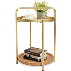 2 Tier Round Side Table, 16" Small Metal End Table with Removable Wooden Tray, Round Accent Sofa Coffee Side Table for Living Room, Bedroom, Balcony (Gold)