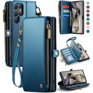 Defencase Compatible with Samsung Galaxy S24 Ultra Case Wallet with RFID Blocking Card Holder for Women Men, PU Leather Magnetic Snap Flip Zipper Strap Phone Case Fit for Galaxy S24 Ultra 5G, Blue
