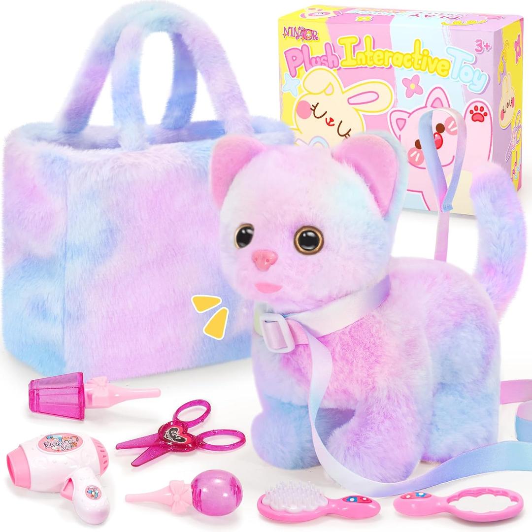 NINAOR Plush Interactive Cat Toys for Kids with Tote Bags, Stuffed Robot Pet Kitten with Leash Walking Meow Pretend Play, Realistic Cute Stuff Fidget Toys for Toddler Stocking Stuffers Birthday Gifts