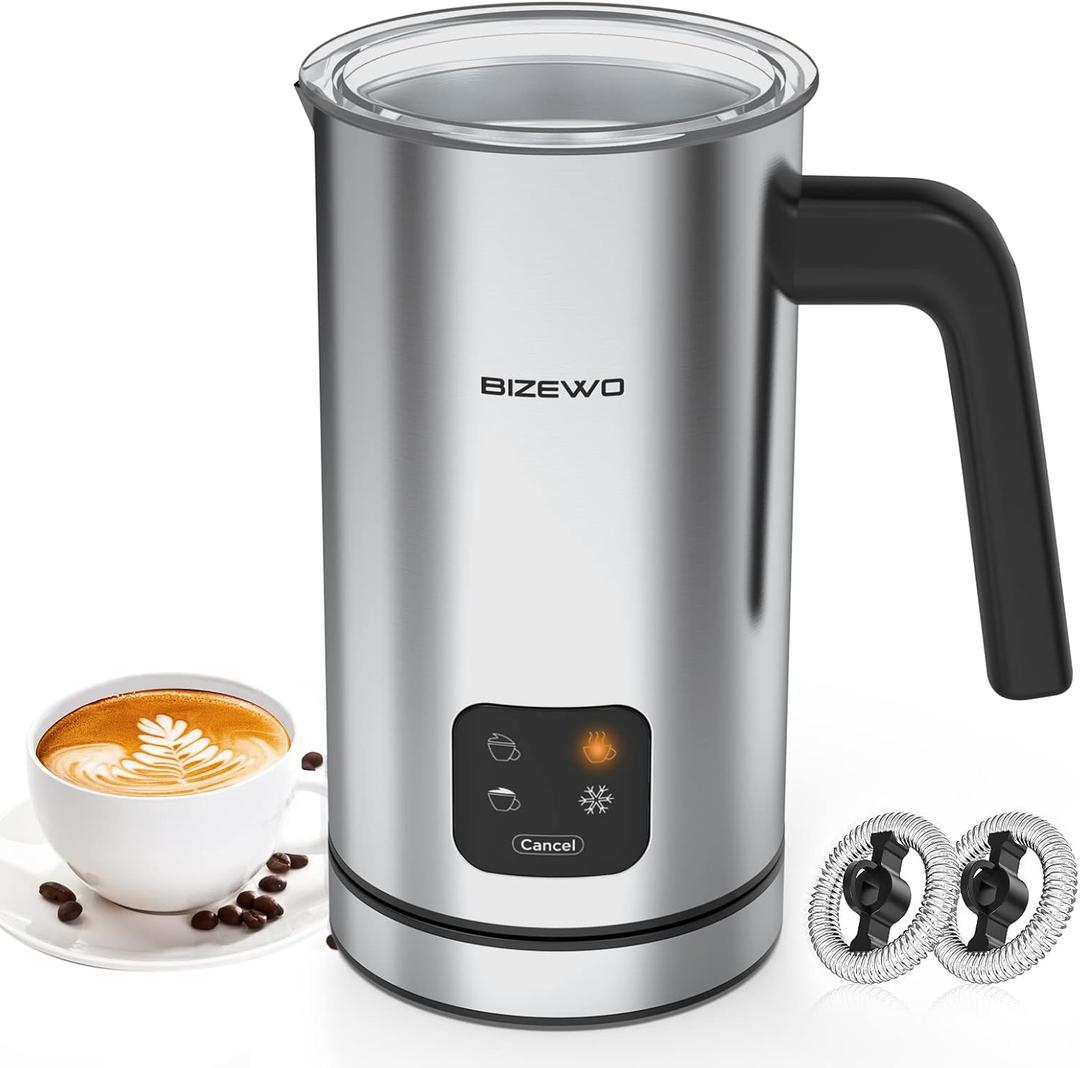 BIZEWO Milk Frother Electric, Warm and Cold Milk Steamer, 4 IN 1 Automatic Milk Warmer Stainless Steel with Touch Screen for Coffee, Latte, Macchiato, Cappuccino, Hot Chocolate (Silver)