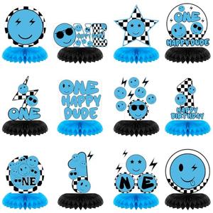Memorywuu 12 Pcs One Happy Dude Honeycomb Centerpiece Blue One Happy Dude 1st Birthday Party Decoration Birthday Centerpiece Table Decorations Smile Face Table Topper for Baby Shower Party
