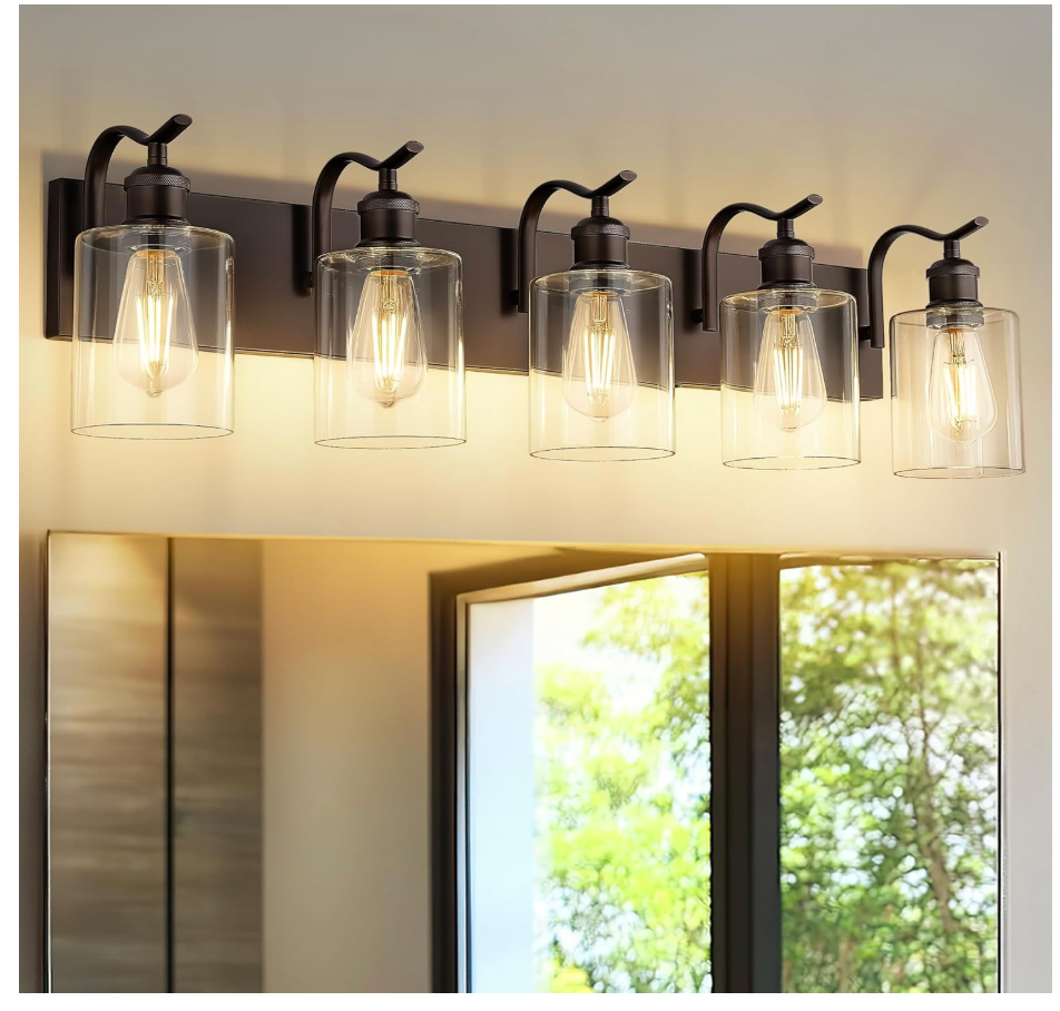 5 Light Bathroom Vanity Light, Morden Bath Lights Over Mirror Oil Rubbed Bronze Bathroom Sconce Lights with Clear Glass Shade ZCVL01ORB-5