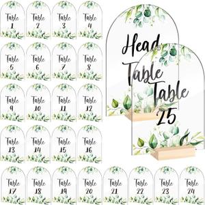 Jetec 26 Pcs Acrylic Wedding Table Numbers 1-25 Printed 4 x 6 Inch Clear Acrylic Table Signs Greenery Floral Arched Place Cards for Wedding Reception Bridal Shower Baby Shower Centerpiece Decor