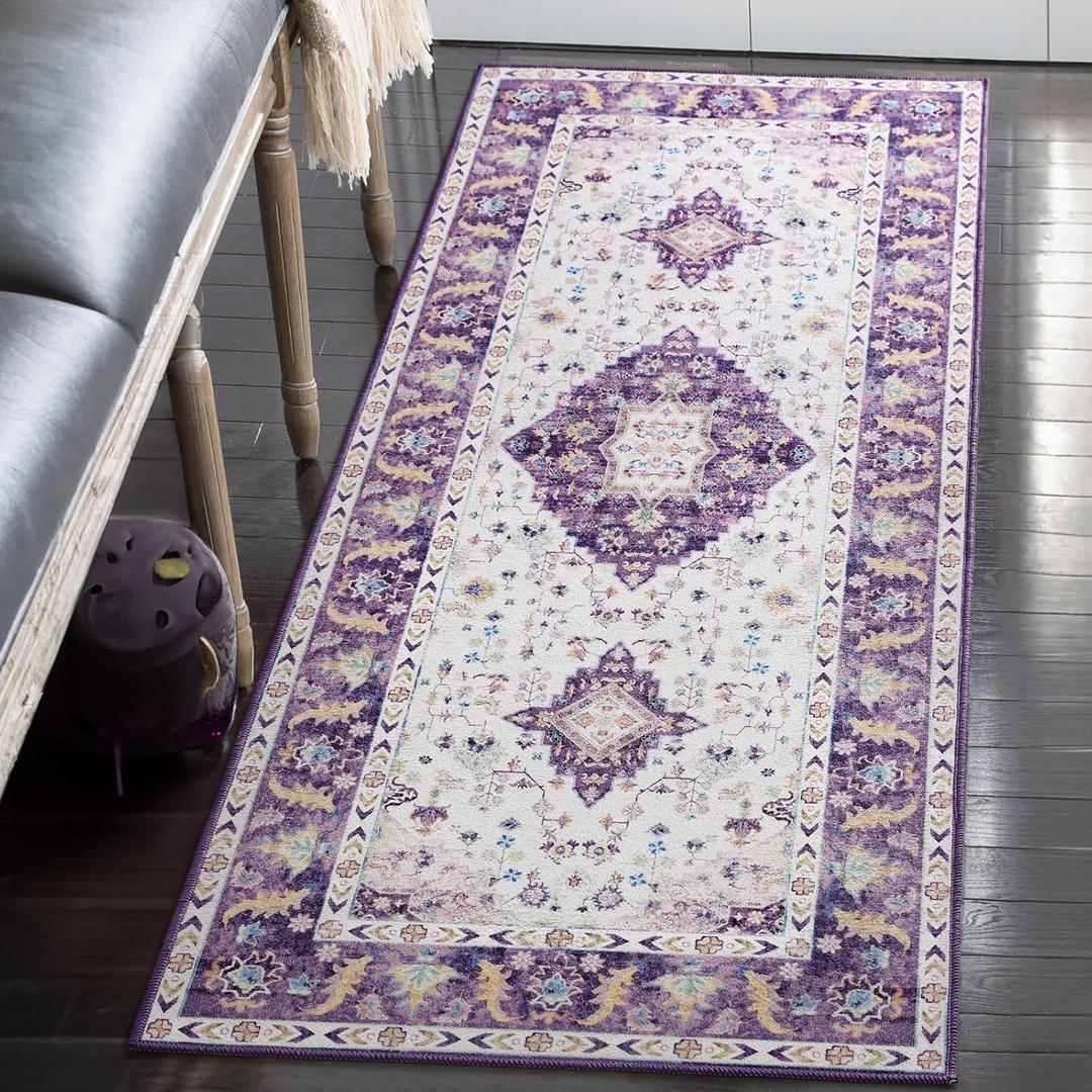 Amearea Vintage Design Area Rugs for Living Room, 2x6 Machine Washable Floral Collection Traditional Bedroom Rug, Low Pile Cute Kids Room Print Carpet, No Slip Office Kitchen Home Decor, Purple