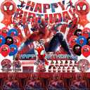 Superhero theme birthday decorations,party supplies,Include Birthday Banner, Backdrop, Hanging Swirls, Balloons, Cupcake Toppers, Tablecloth.