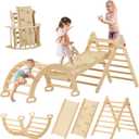 Tiny Land Pikler Triangle Set, 7-in-1 Foldable Pikler Triangle Climbing Toys Set for Kids,Baby Indoor Playground Jungle Gym, Wooden Montessori Climbing Set for Toddler (Natural) (Standard)