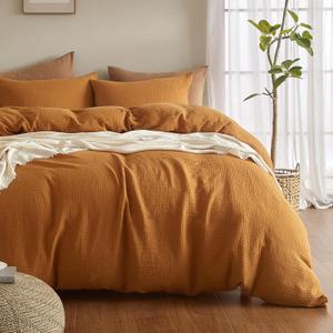 SE SOFTEXLY Muslin Duvet Cover Queen Size, 100% Washed Cotton Duvet Cover Set, Ultra Soft Comforter Cover Linen Like, 3 Pieces Minimalist Gauze Duvet Cover with 2 Pillowcases, 90"x90", Pumpkin
