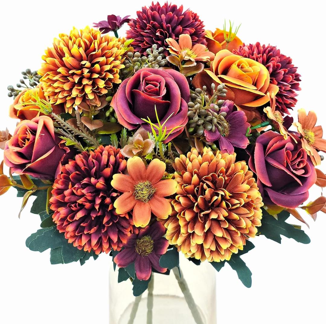 Guagb 3 Pcs Fall Flowers Artificial Mums Silk Bouquet Faux Poeny Sunflowers Floral Fake Mum Arrangements Home Indoor Outdoor Planter Decor Party Wedding Table Autumn Decoration