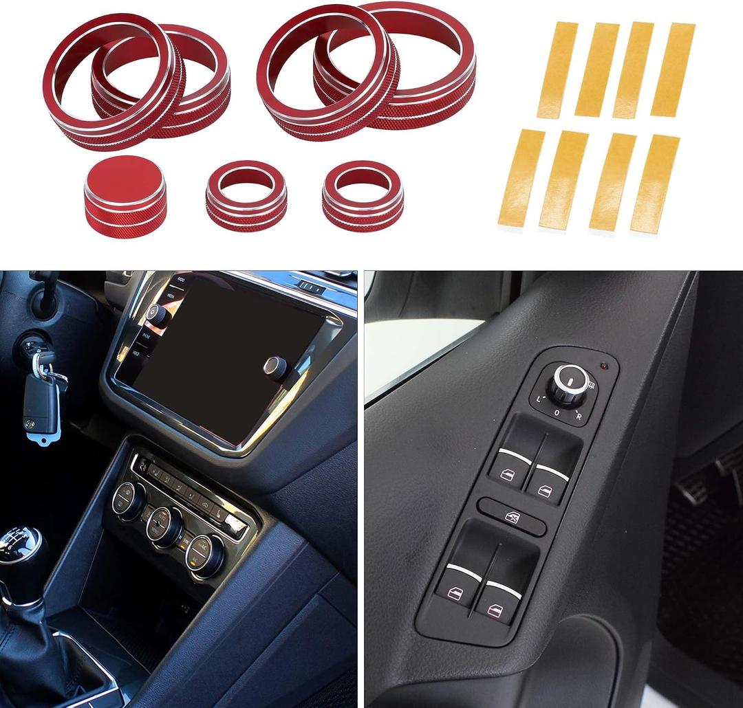 AC Media Volume Tune Drive Mode Control Switch Knob Cover Ring for VW Atlas SE 2018-2022 Sturdy | Interior Decal Trim Red 7 Pcs