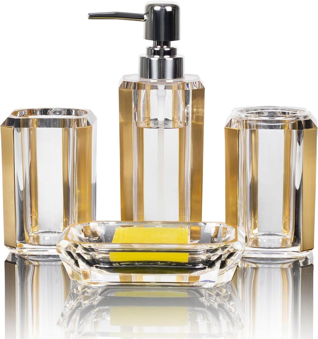 4 Piece Premium Acrylic Bathroom Accessory Set, Hand Sanitizer Bottle, Lotion Can Bathroom Suit, Separate Bottle Soap Box, Mouthwash Cup, Toothbrush Cup(Brushed Gold)