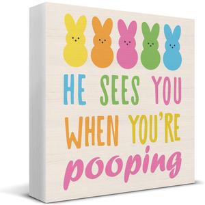 Funny Easter Bathroom Decor, Easter Decorations for Home, He Sees You When You're Pooping Wood Sign Home Bathroom Shower Room Restroom Toilet Desk Shelf Table Decor 5 X 5 Inch
