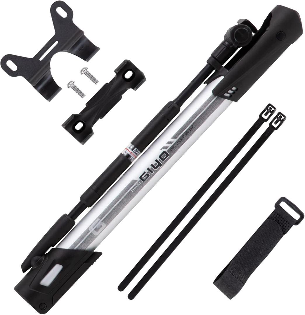 GIYO Mini Bike Floor Pump with Gauge Portable & Lightweight Bike Tire Pump, Aluminum High Pumping Volume Presta/Schrader Frame Mounting Taiwan Made (GM-641)