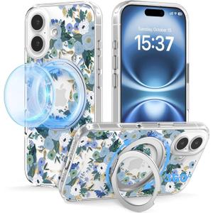 for iPhone 16 Case with MagSafe Stand Ring for Women, Cute Clear Floral Design with 360 Kickstand Holder Magnetic Shock Proof Heavy-Duty Protection Blue Flower