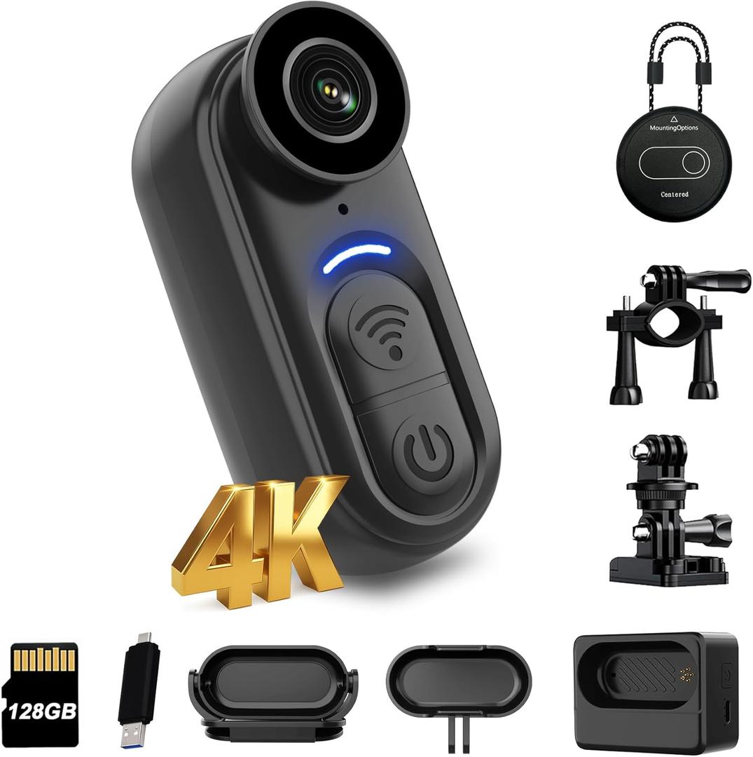 4K Mini Body Camera 128GB  Thumb Size Wearable Action Cam, Hands-Free POV Recording, Portable Body Worn Camera for Travel, Cycling, Sports, Pets, Outdoor Adventures