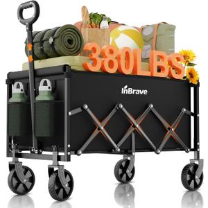 Collapsible Wagon Cart Foldable Beach Wagon with All-Terrain Wheels - 380 LBS Heavy Duty Grocery Cart for Shopping, Beach, Camping, Sports, Garden (Black)