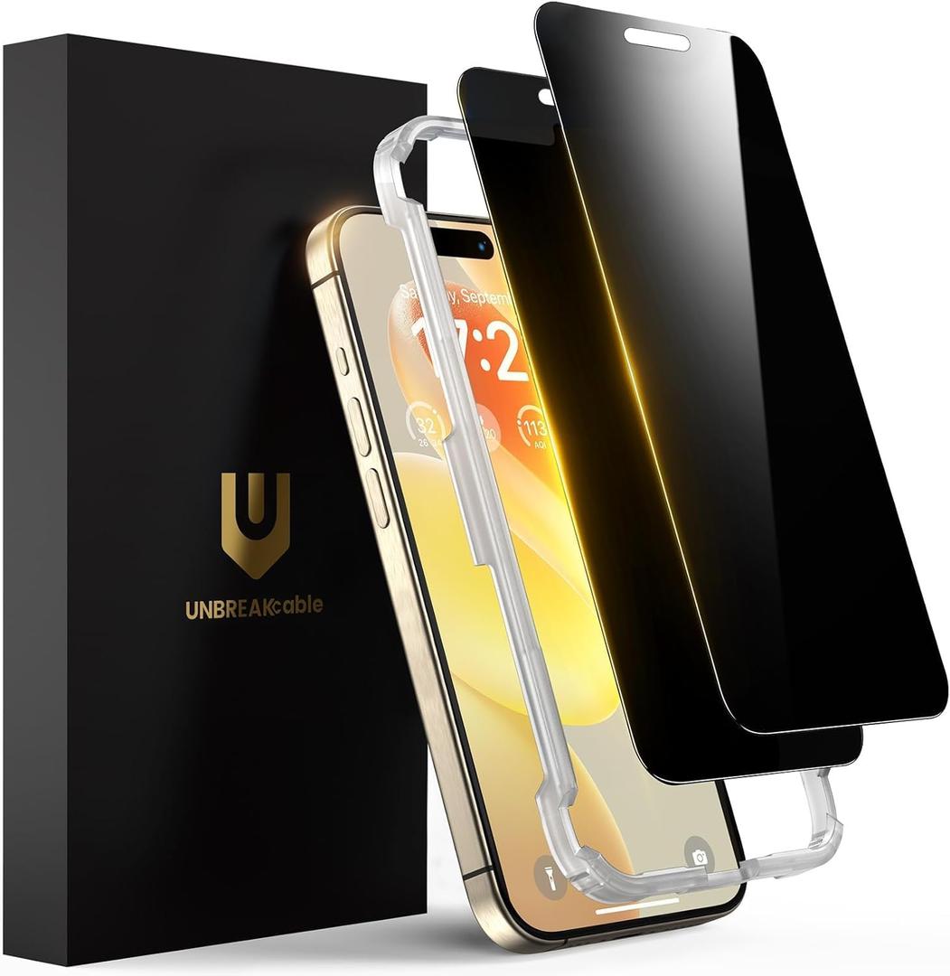 UNBREAKcable Privacy Screen Protector for iPhone 15 Pro Max, Shatterproof Tempered Glass [True 28Anti Spy] [9H Hardness] [Easy Installation Frame] Private Protector for iPhone 15 Pro Max 6.7"- 2 Pack (Black)