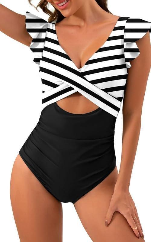 LOSD Women's Ruffled One Piece Swimsuits, V Neck Tummy Control Cutout High Waisted Bathing Suit, Slimming Tummy Control (Medium, Black White Stripes)