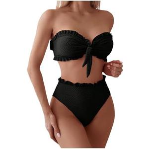 SOLY HUX Women's Ruffle Strapless Bikini Set 2 Piece Bandeau Swimsuit High Waist Bathing Suits, M