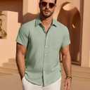 Mens Linen Shirt Short Sleeve Wrinkle Free Casual Untucked Button Down Shirts Beach Breathable Tops Summer (Green, L)