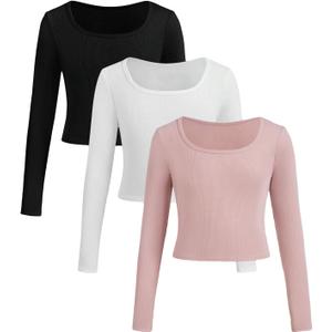 Floerns Girls 3 Piece Solid Ribbed Knit Square Neck Long Sleeve Tee Shirts Crop Tops (10 Years, A Pink White Black)