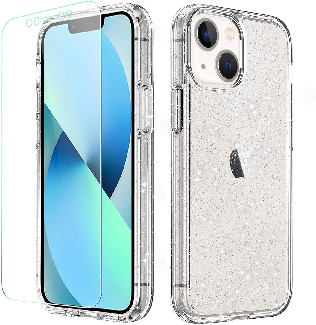 Glitter Shining Double Layers Bumper Hard PC Back Protective Case for Girls Women, Compatible with iPhone 13 mini (5.4 inches) - Clear