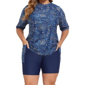 Halcurt Women's Plus Built in Bra Rash Guard Two Piece Swim Shirt and Pockets Boyleg Shorts (4X, Blue Galaxy)