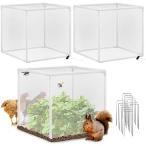 Verdanzia 3 Pack Plant Protectors from Animals, 13.8" X 13.8" Detachable Plant Cages for Outdoor Plants with Netting, Square Plant Cages to Keep Animals Out with Ground Stakes (White)
