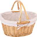 Natural Wicker Basket with Linen Lining, Woven Picnic Basket with Handle, Large Picnic Basket, Stylish Hand-Woven Favors Storage Basket for Picnic, Camping, Outdoor Party