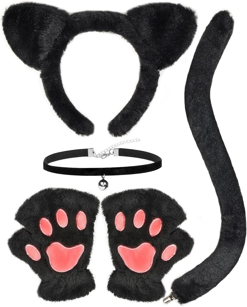 Gofriipai Black Cat Costumes, Cat Ears Headband Tail Paws Gloves Collar Set, Costumes for Women, Halloween Costume Accessories for Adults Girls