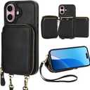 Bocasal RFID Blocking Wallet Case for iPhone 16, Adjustable Crossbody Zipper Purse Case Card Holder with Kickstand Detachable Wrist Strap, PU Leather Flip Folio Case 6.1 Inch 5G (Black)