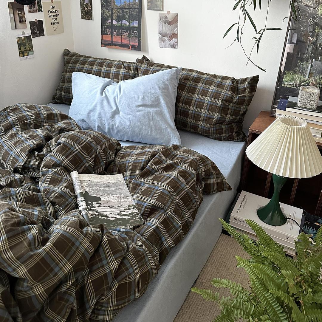 mixinni Vintage Buffalo Plaid Duvet Cover Set Queen Size - 3 Piece Washed Cotton Bedding Set with Grid Pattern, Soft & Breathable Duvet Cover with Pillowcases for All Seasons,(Brown & Blue,Beige)