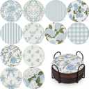 Ferrochef 12 Pcs Blue Floral Hydrangea Diamond Art Coasters Kit, 5D DIY Diamond Coasters Crafts with Tool Kit, Non Slip Cork Coaster for Women Blue Coquette Aesthetic Bow Printed Gift