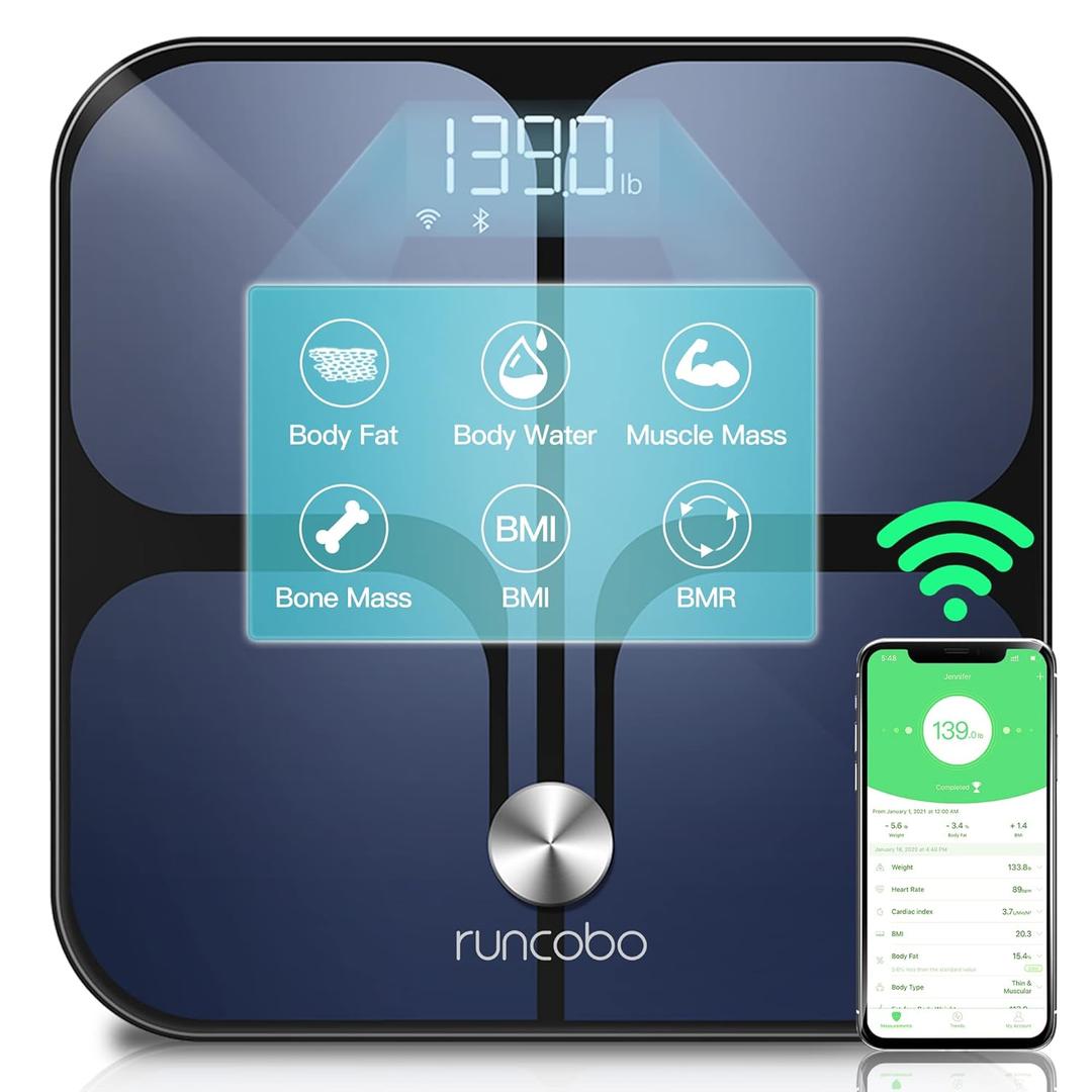 Digital Scale, Runcobo Wi-Fi Bluetooth Auto, Switch Smart Scale Digital Weight, Premium Body Fat Scale for Weight, 14 Body Composition Monitor, Support Multiple Users, Auto-Recognition